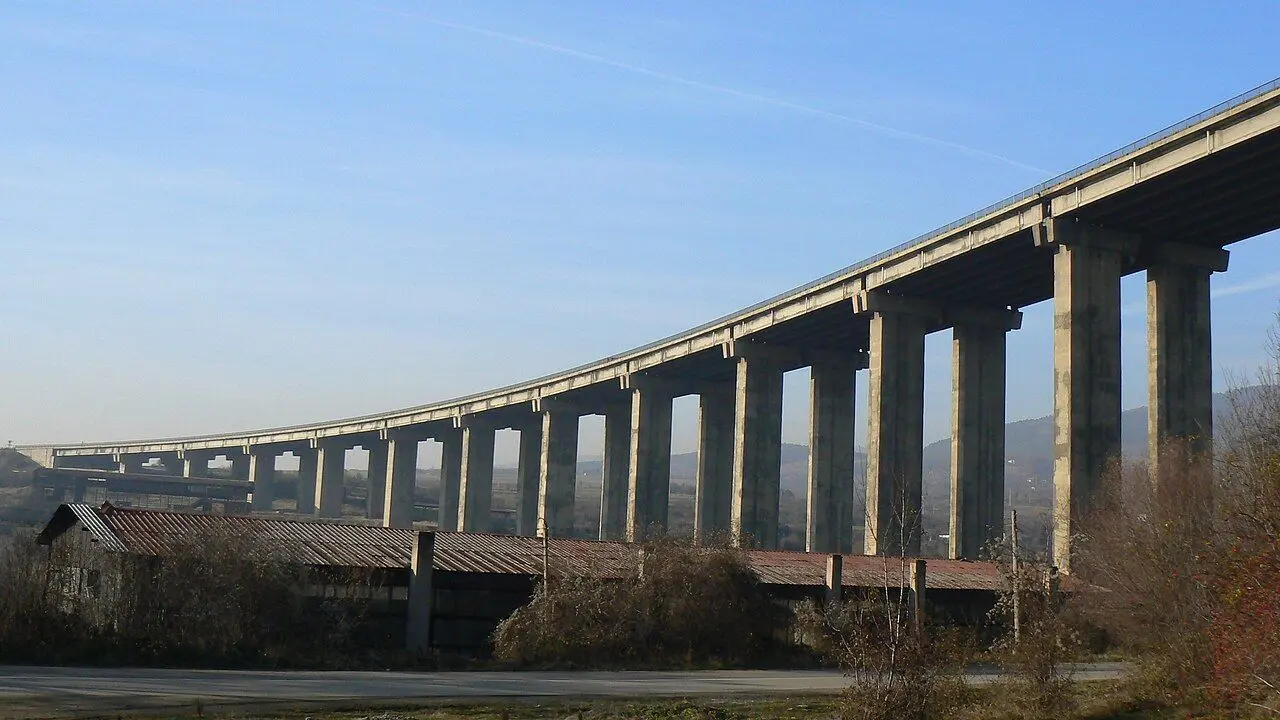 A long concrete viaduct of the Hemus motorway on tall piers.